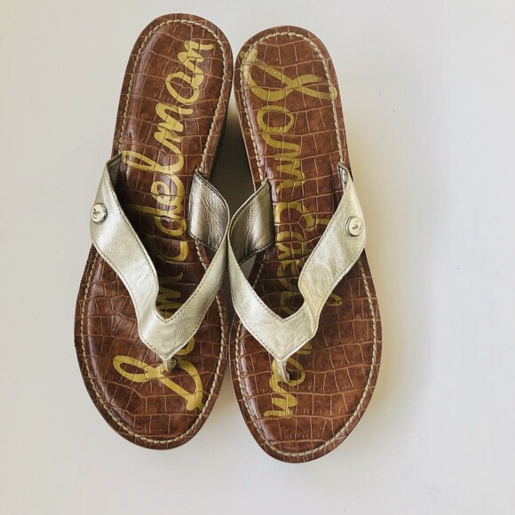 Sam Edelman Platform Sandals Womens 8.5 Silver Cork Leather Wedge Gently Used wg - Picture 1 of 5